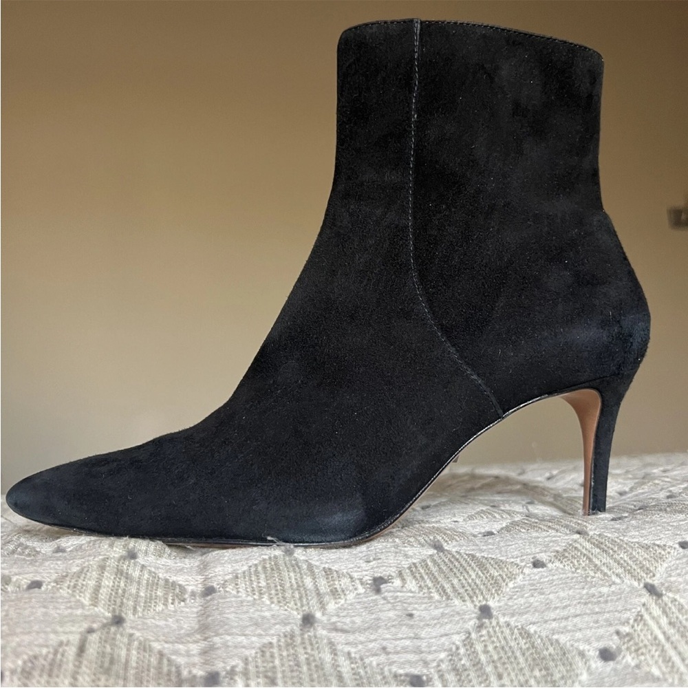 SCHUTZ Bette Black Suede Pointed Toe Ankle Heeled Boot Side Zip